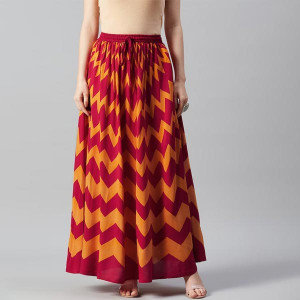 Women Red & Mustard Yellow Chevron Print Flared Maxi Skirt